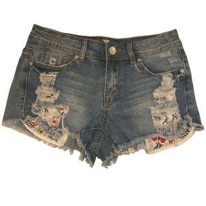 Almost Famous Size 5 Embroidered Pocket Cut Off Jean Shorts EUC